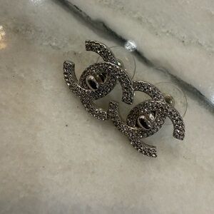 CHANEL Silver Crystal Turnlock Earrings